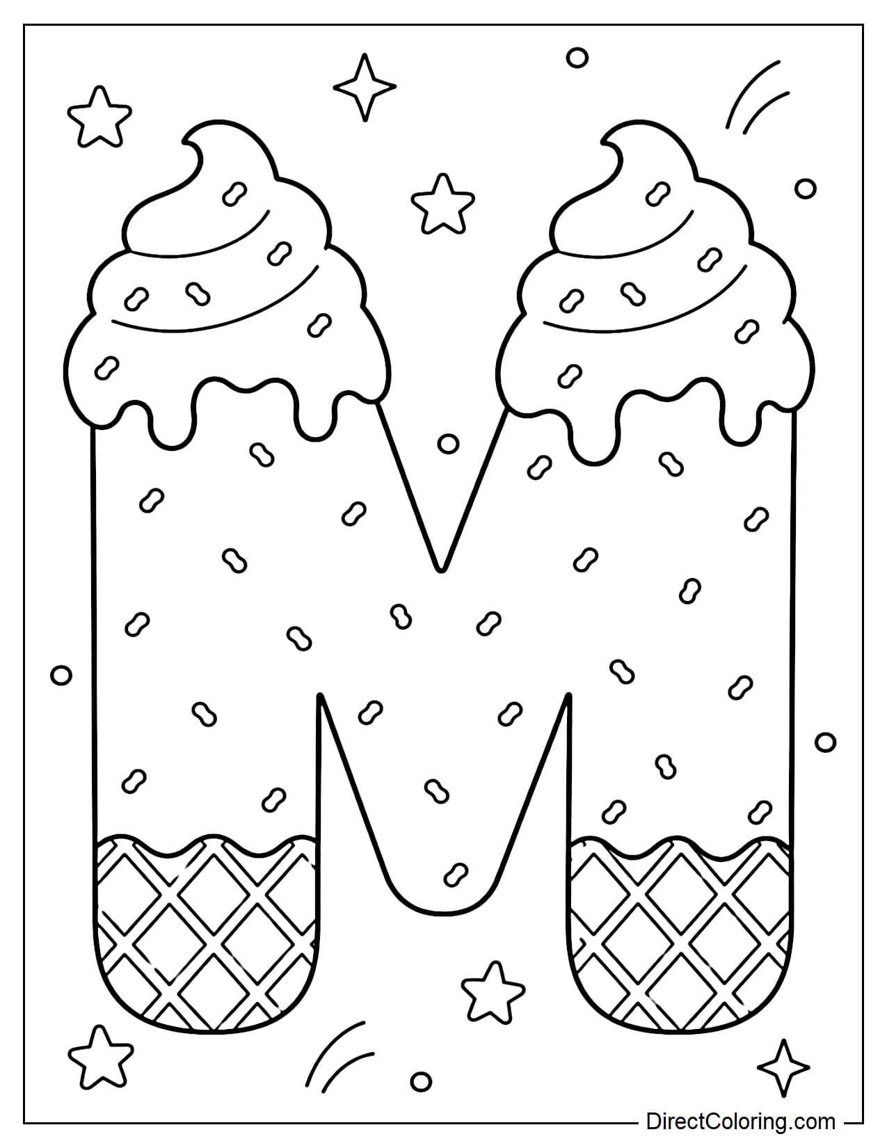 A large, bubble-shaped uppercase letter M made from soft-serve ice cream, with a lightly melted cream topping, sprinkles scattered throughout, and a waffle-like texture at the base. It's surrounded by small stars and dots.