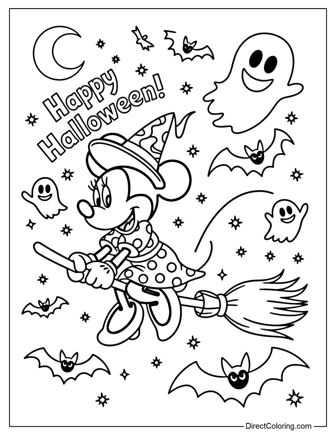 Minnie coloring page wearing a witch hat, riding a broom with sparkling stardust, flying through the Halloween sky.