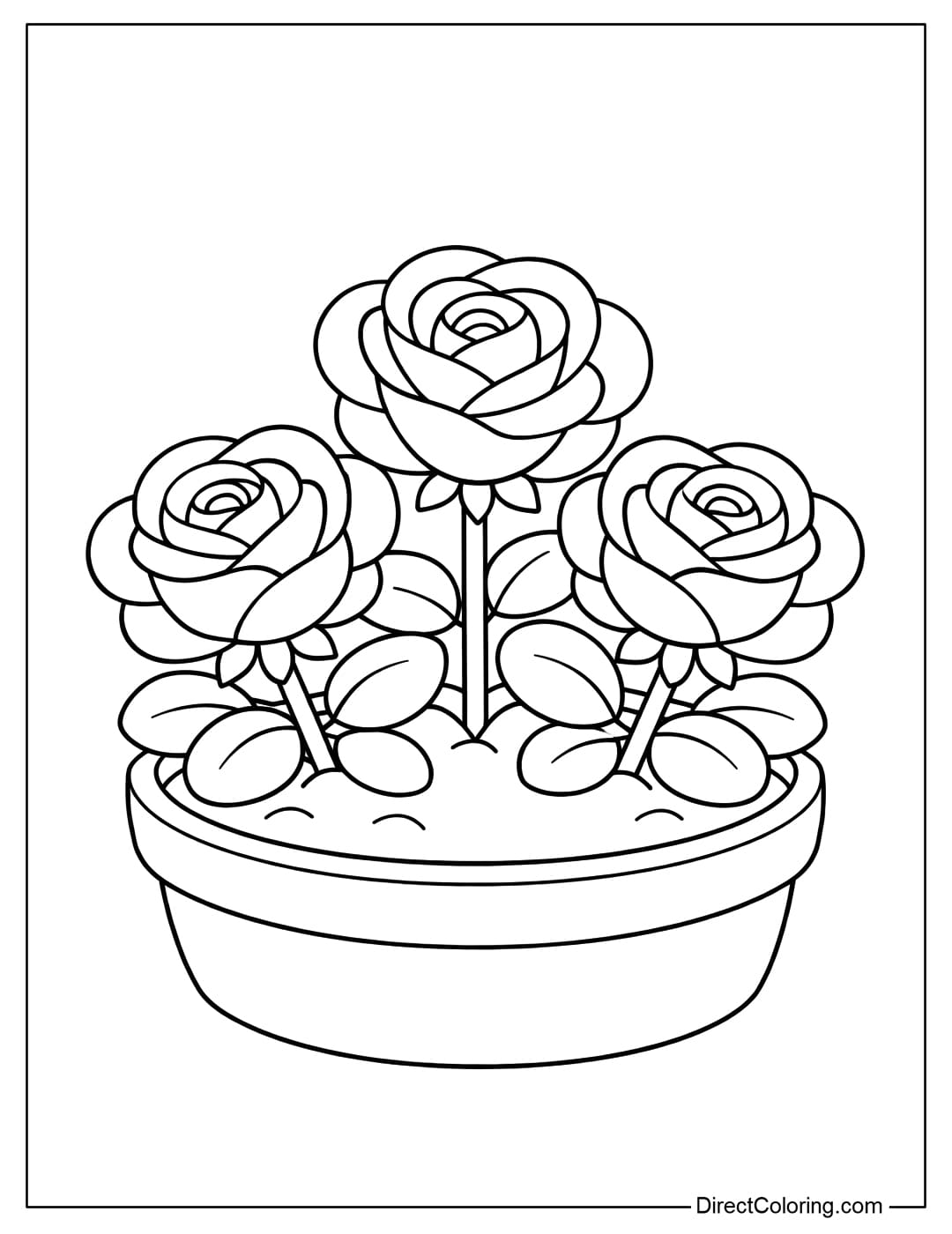 A coloring page of a rose planted in a round pot, with a short stem and rounded leaves.