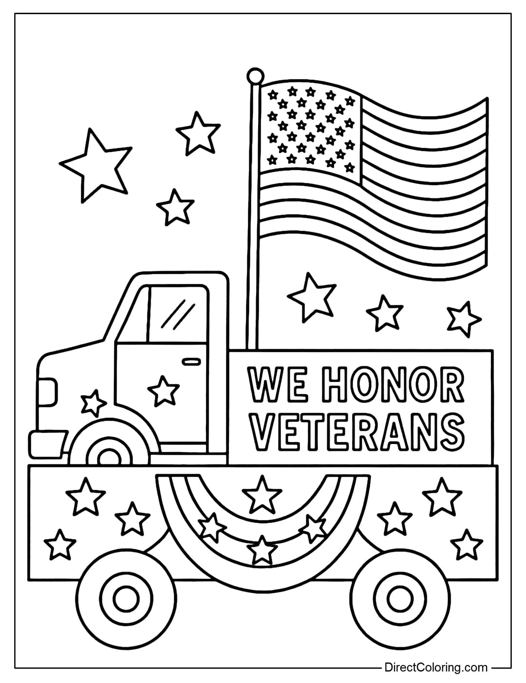 Coloring page of a parade float decorated with the national flag, stars, and the slogan 