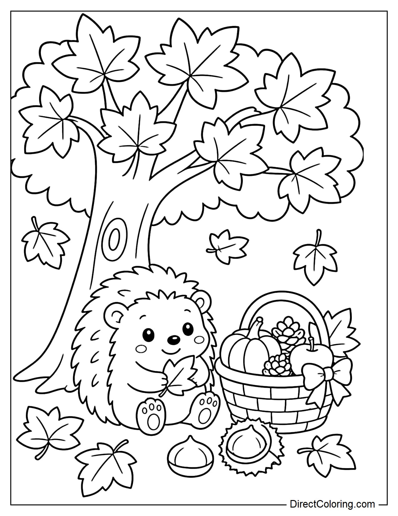 A cute little hedgehog sitting under a large maple tree in October, with fallen leaves, acorns, and a small basket filled with autumn treasures nearby.