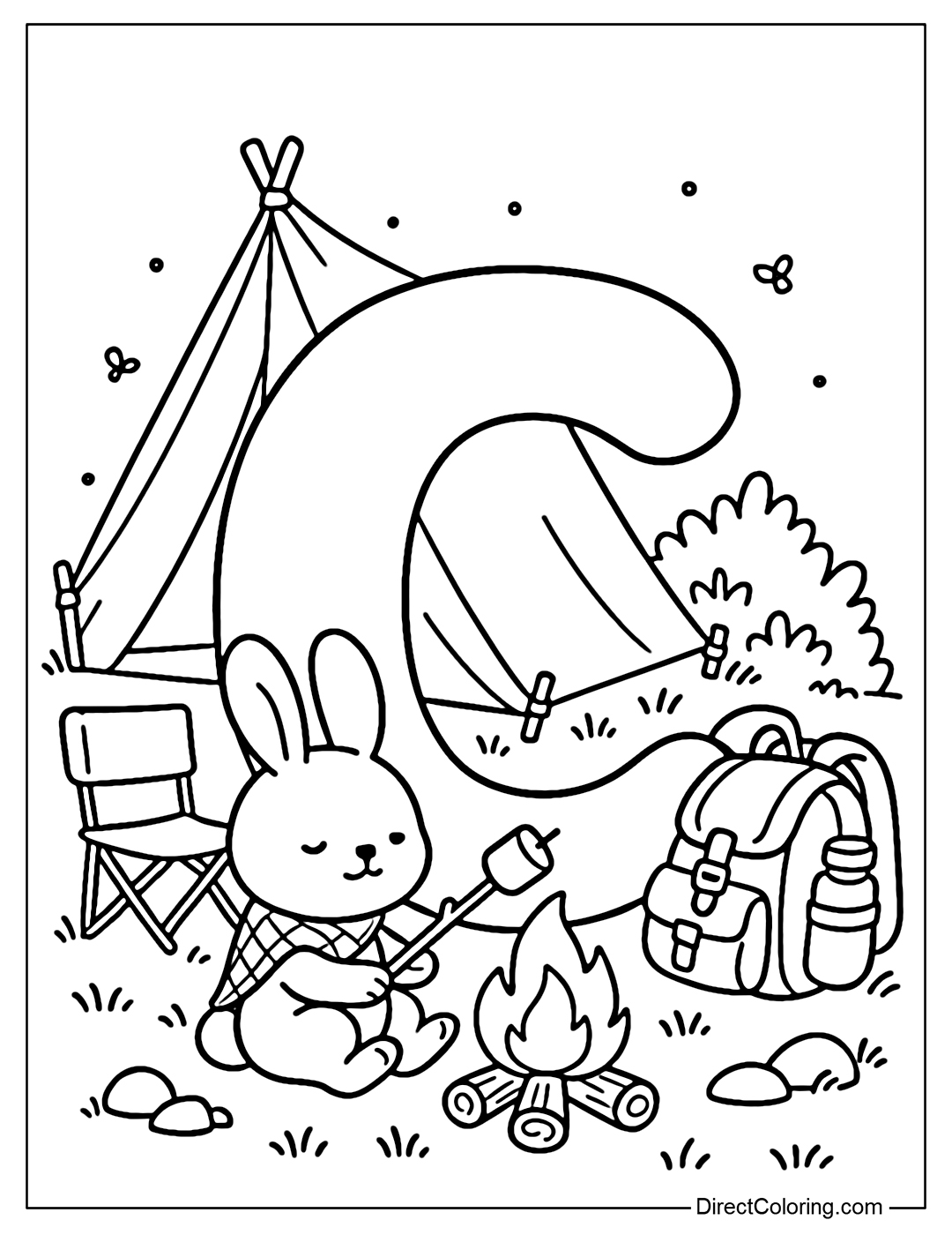 A large letter C coloring page, set in a relaxing summer camp scene.