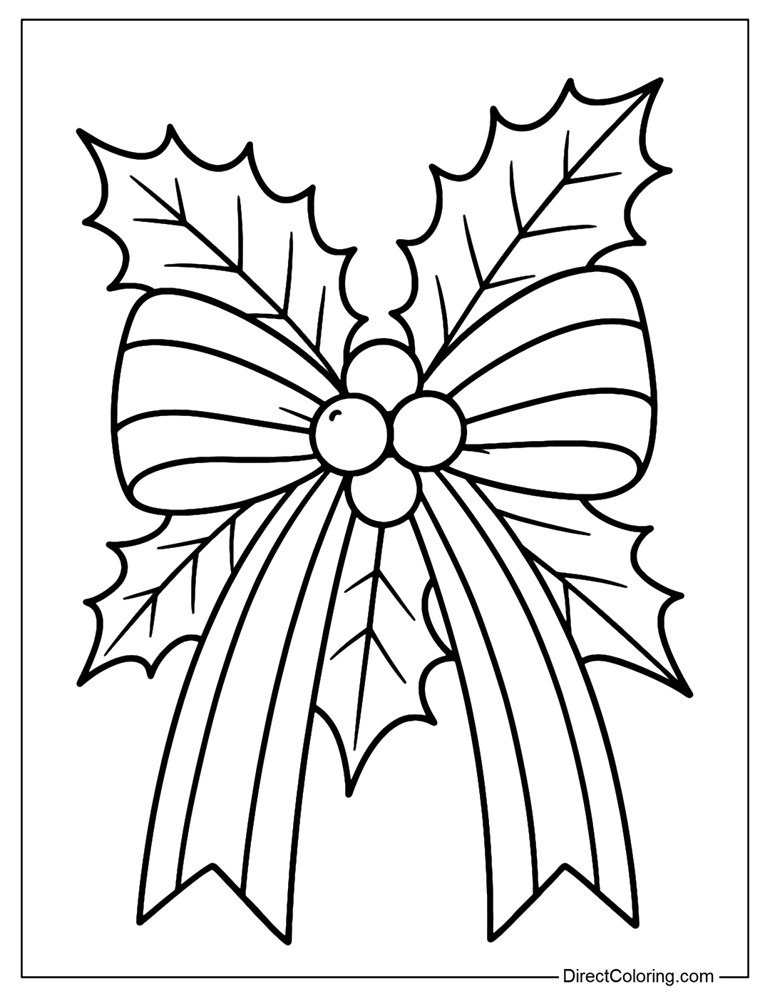 A holly leaf bow coloring page includes a bow, a bunch of berries and holly leaves in the middle.