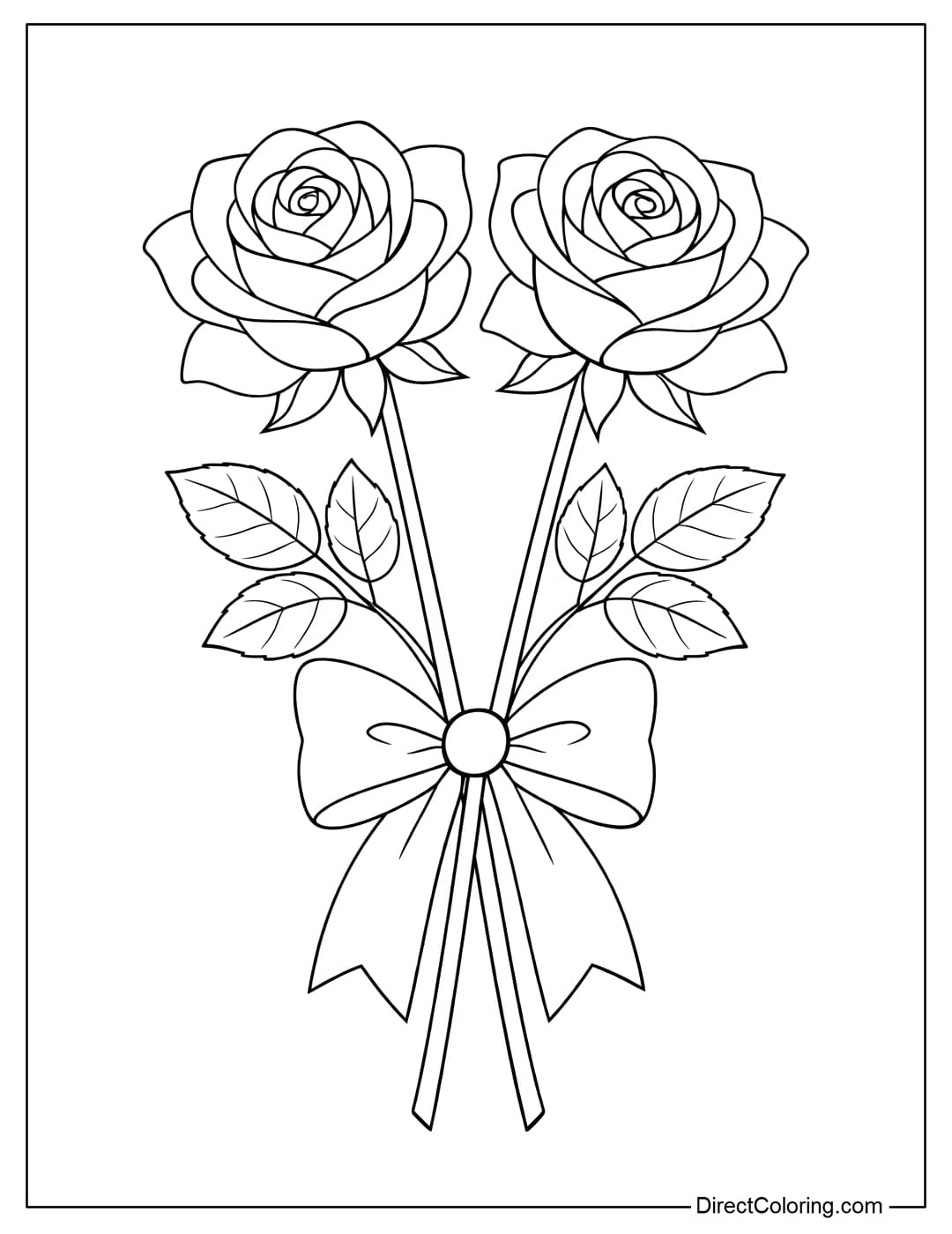 Coloring page for two roses standing side by side, with a large bow tied to the stem.