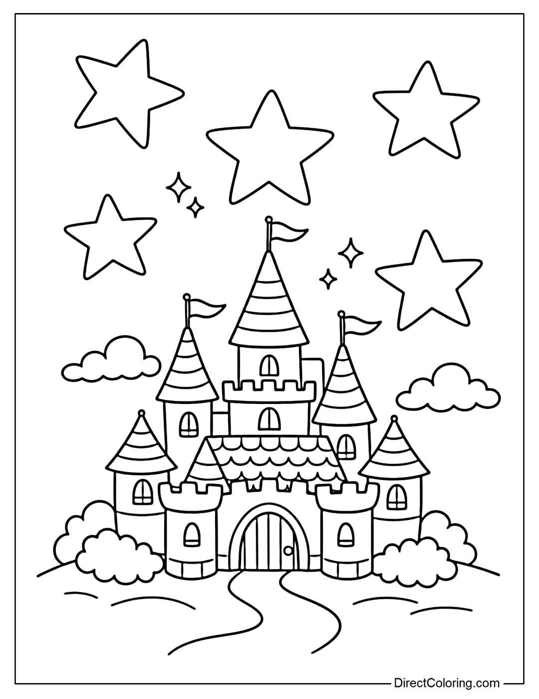 Coloring page of a cute little castle with some large stars flying around in the sky.