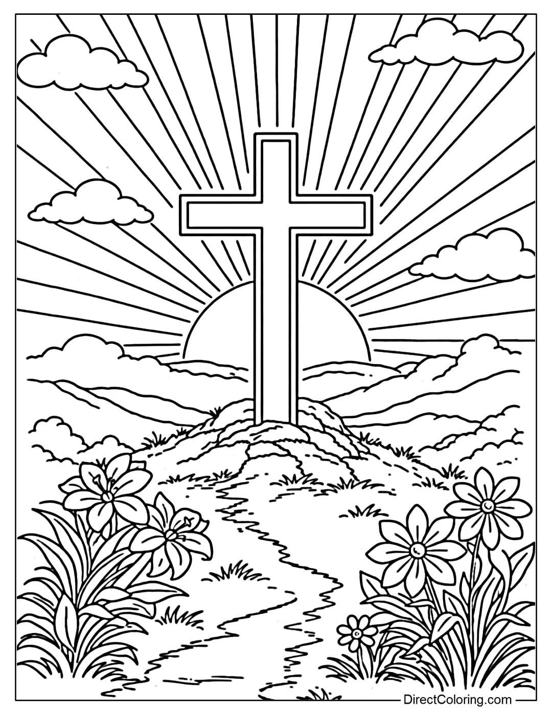 A coloring page of a cross standing on a hilltop with the sunrise behind it and rays of light spreading across the sky.