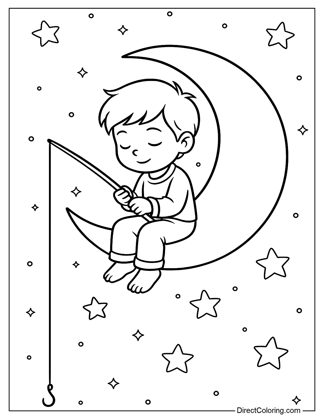 Coloring page of a boy sitting on the moon fishing in space, fairy tale style