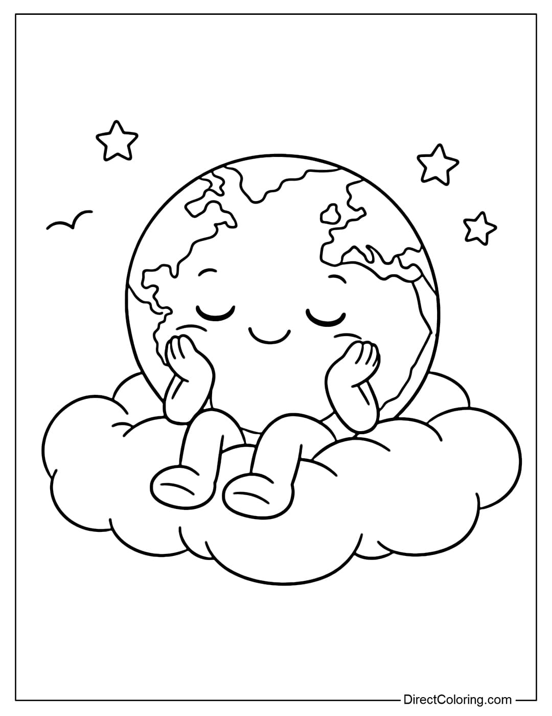 A coloring page of a cartoon Earth sitting on a soft cloud with a relaxed expression.