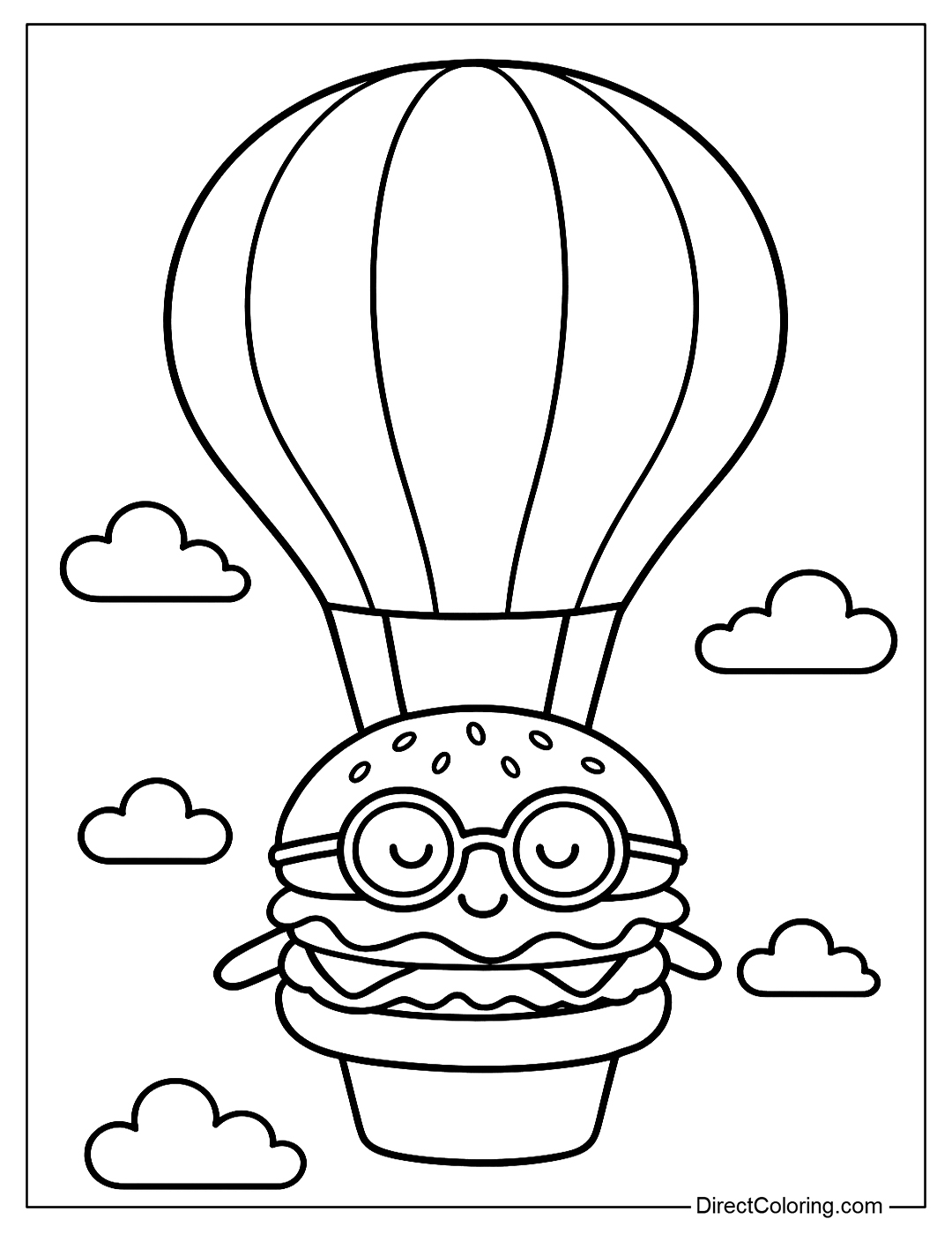 a coloring page of a hamburger flying in a hot air balloon in a cloudy sky