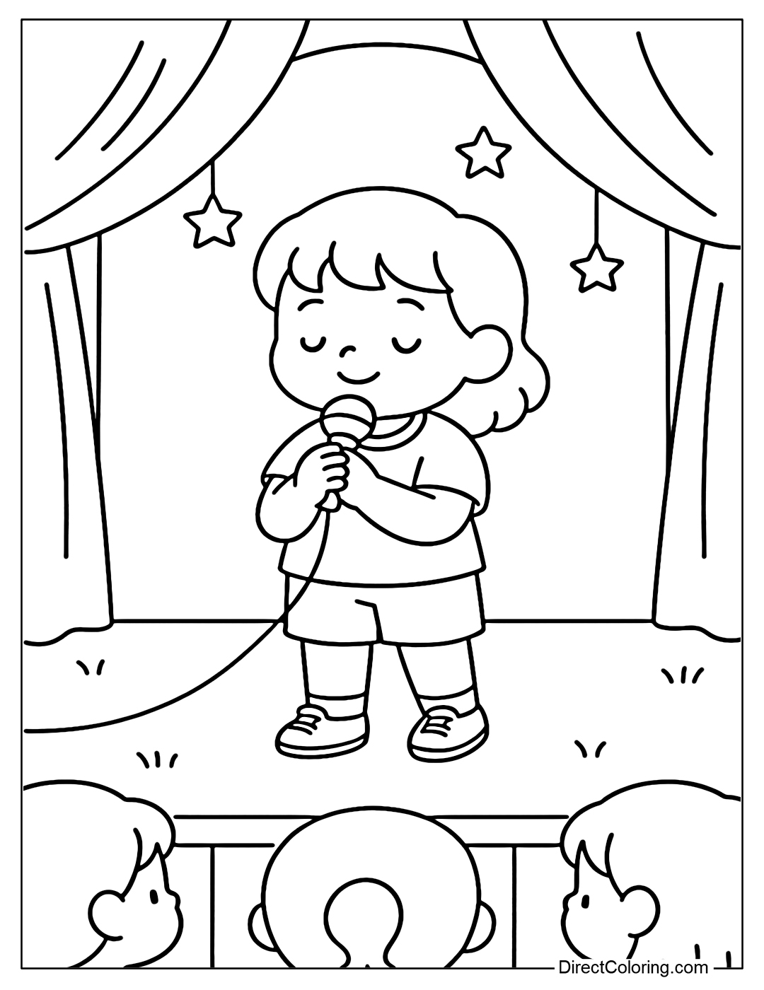 Coloring Page A boy standing on a small stage, holding a microphone, is singing solo in front of an audience. The stage lights are soft, the audience is the children sitting below.