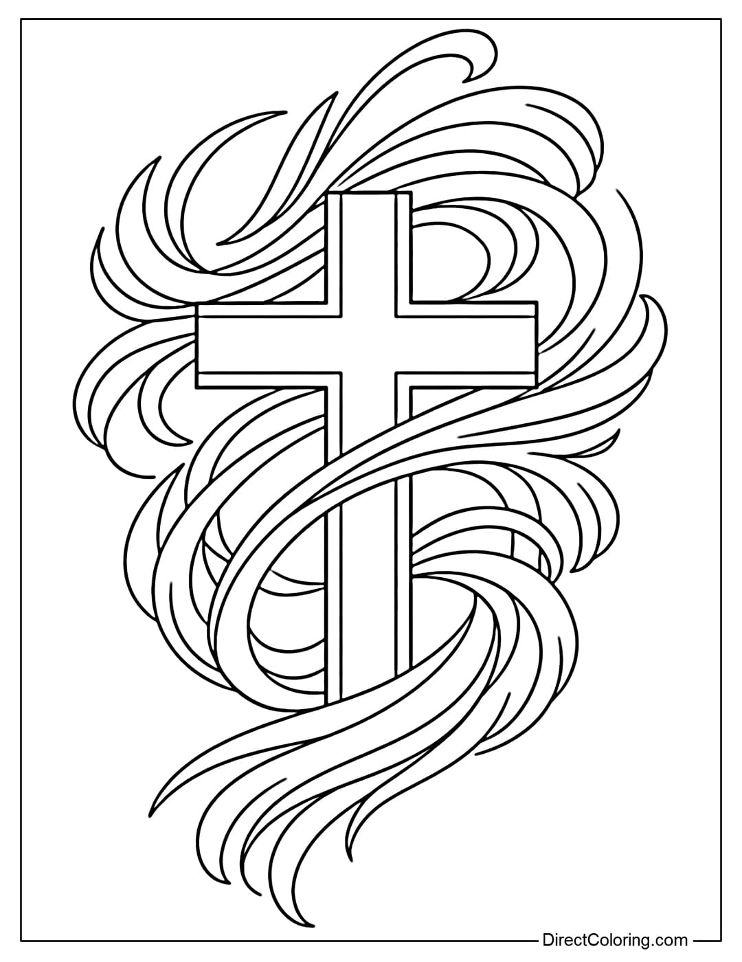 A coloring page of a large cross in the center with soft curves resembling swirling wind patterns around its body.