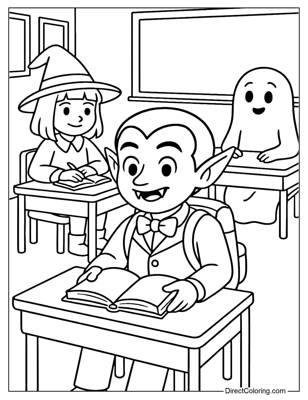 Vampire at School Coloring Page A vampire coloring page holding a book, wearing a backpack, sitting in a classroom with witch and ghost friends.