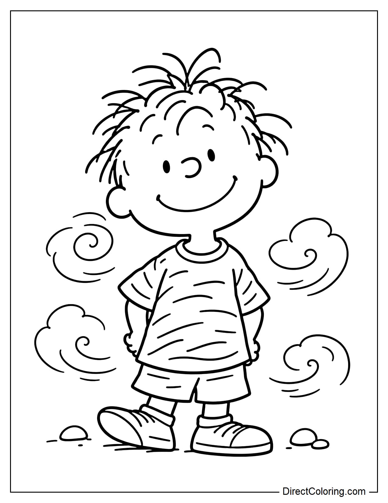 Pig-Pen stands smiling with slightly messy hair, wearing a loose T-shirt and shorts. Both hands rest on his hips, with one foot slightly forward.