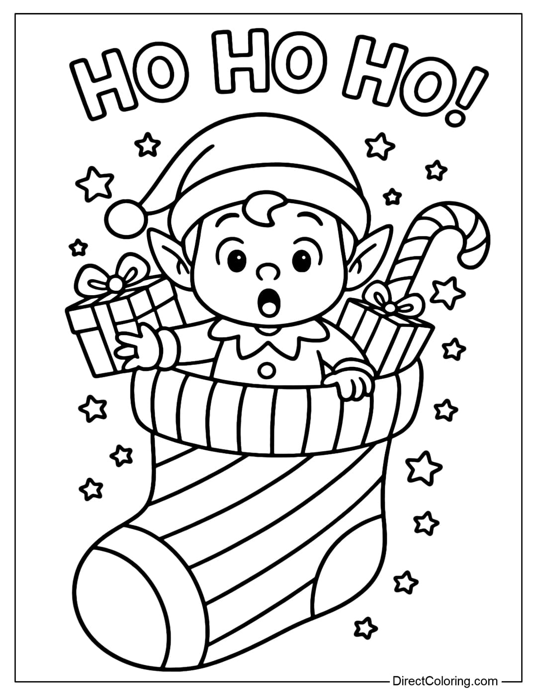 Little elf coloring page coming out of a big woolen stocking, filled with candy, presents and little stars, with the words 