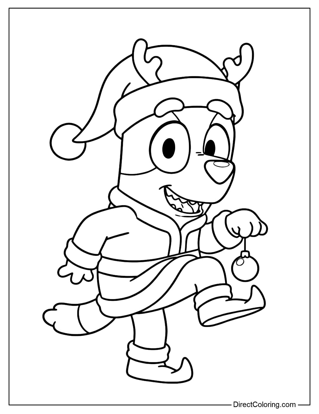 Bluey Coloring Page wearing a Santa hat with reindeer antlers, wearing a Christmas coat and skipping, holding a decorative ball in his hand.