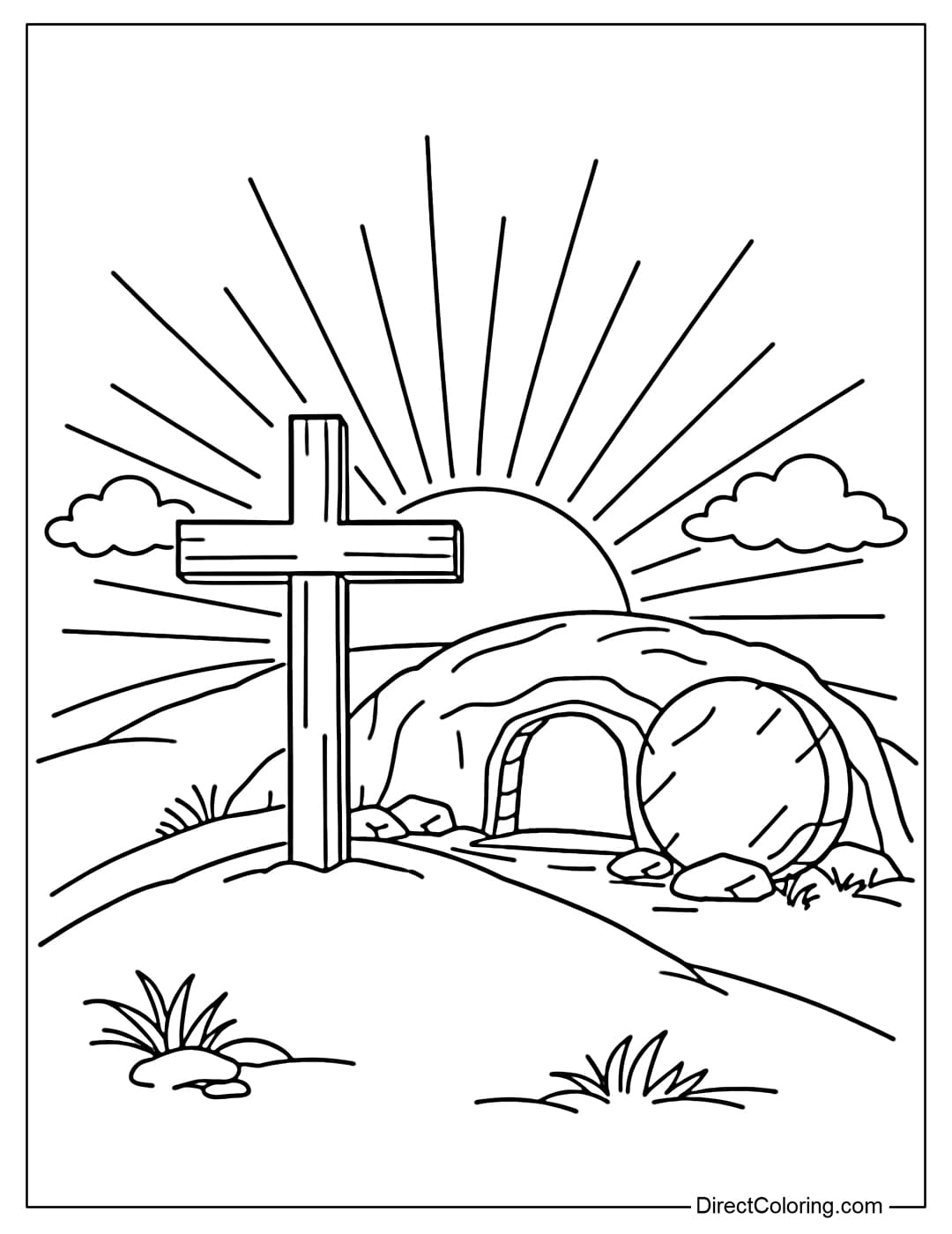 A coloring page featuring a cross on a small hill with an empty tomb behind it and a rising sun symbolizing the resurrection.