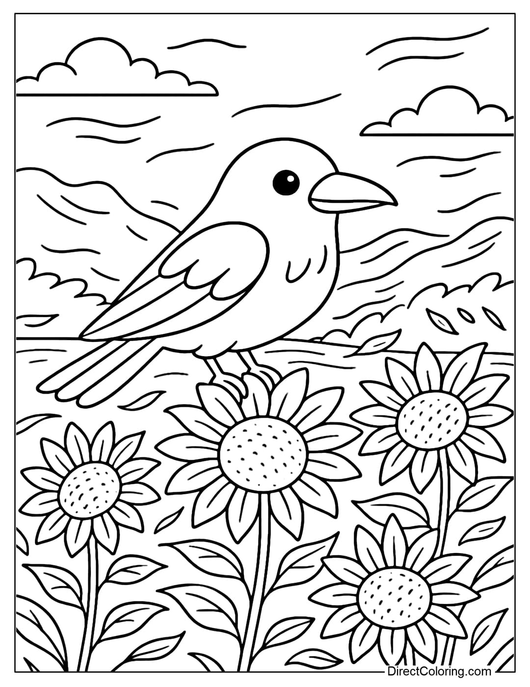A crow coloring page perched on a sunflower field, the wind blowing gently makes the petals tilt, the atmosphere is bright and cute.
