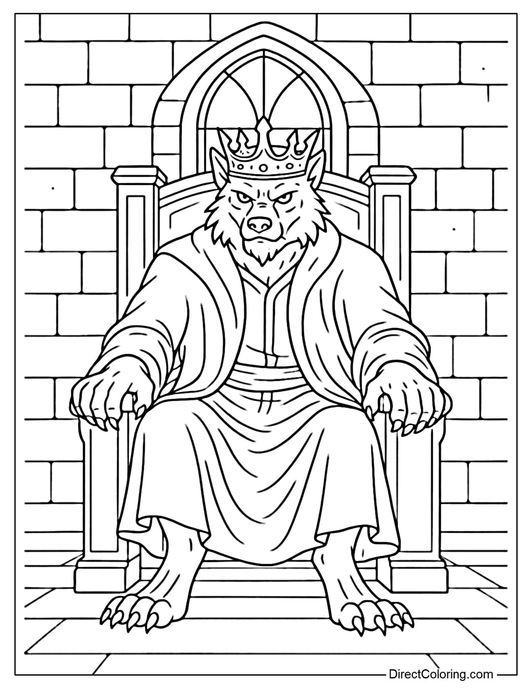 A royal werewolf coloring page, wearing a long cloak, wearing a silver crown, sitting on the throne in the castle.