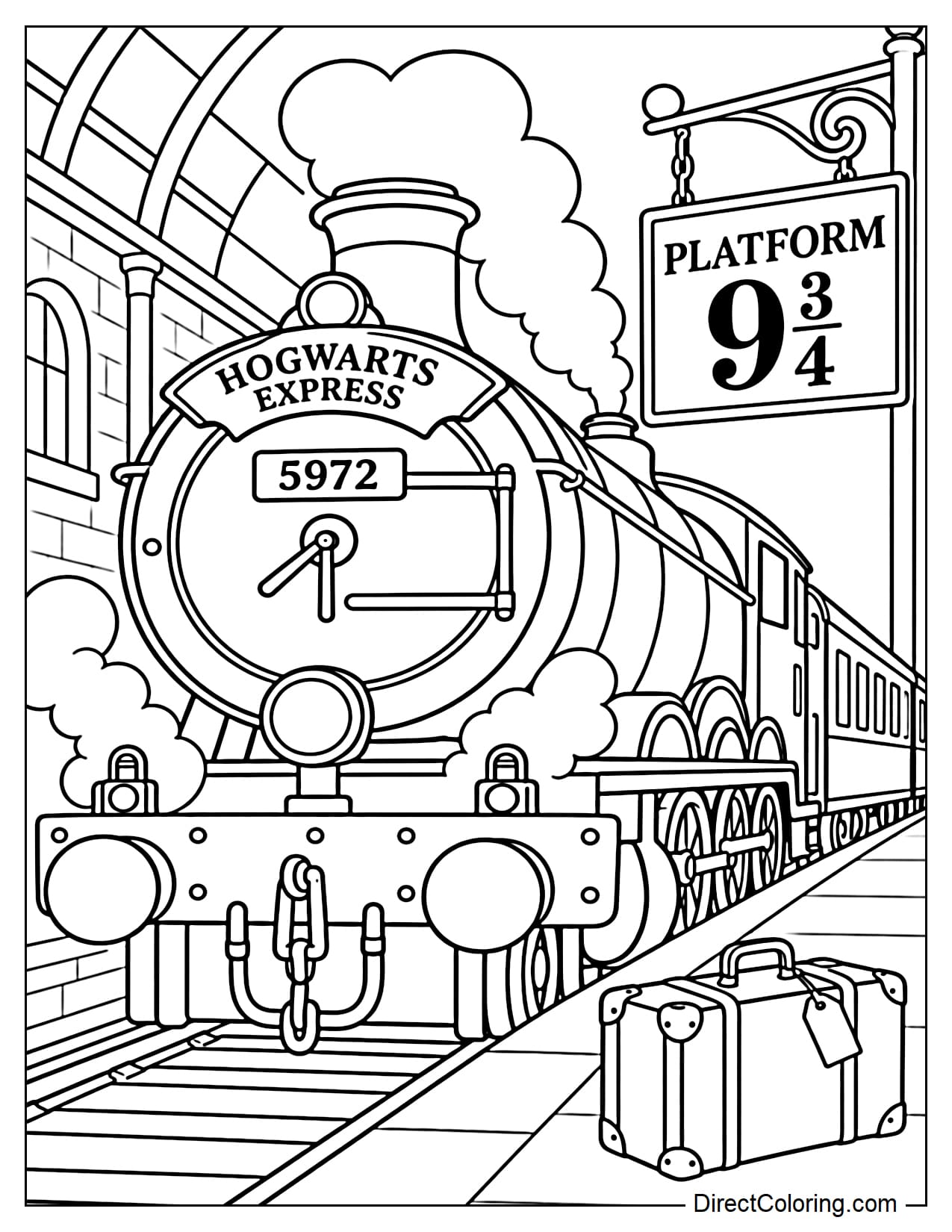 The large Hogwarts Express locomotive is stopped at the platform, with a few curls of steam rising around the train, a prominent Platform 9¾ sign, and a small suitcase nearby.