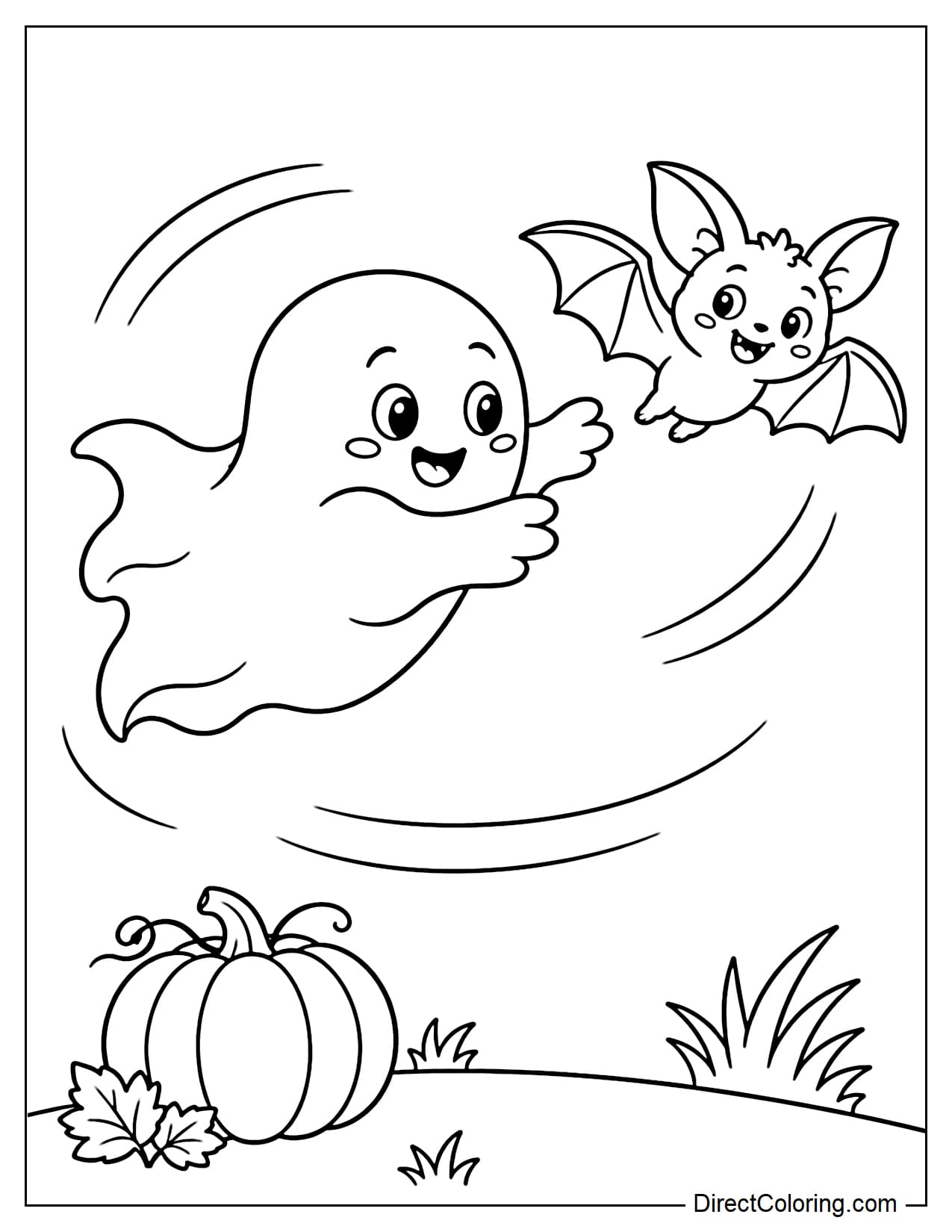 A cheerful ghost playfully chases a little bat through the sky, with a few blades of grass and a pumpkin below.