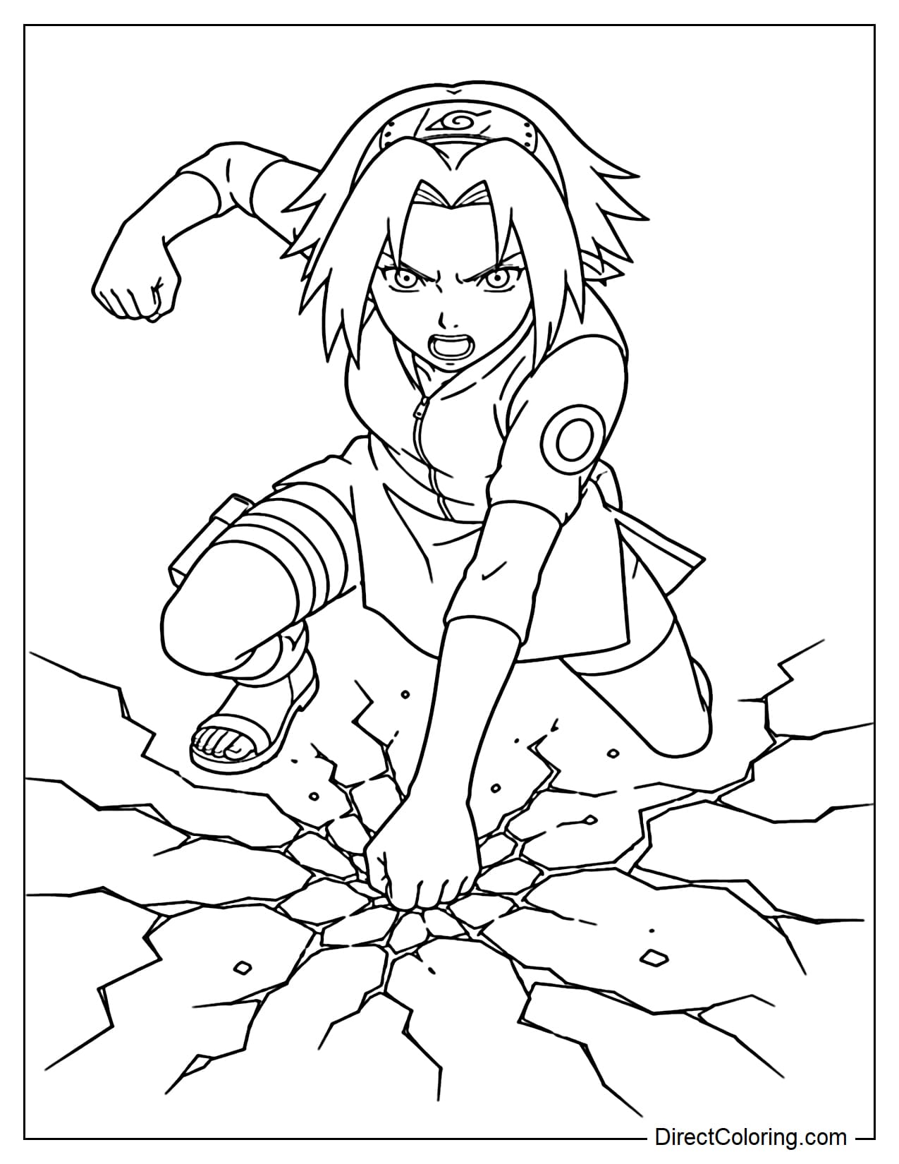 Sakura Haruno punches the ground, with several large cracks around her, displaying a powerful expression.