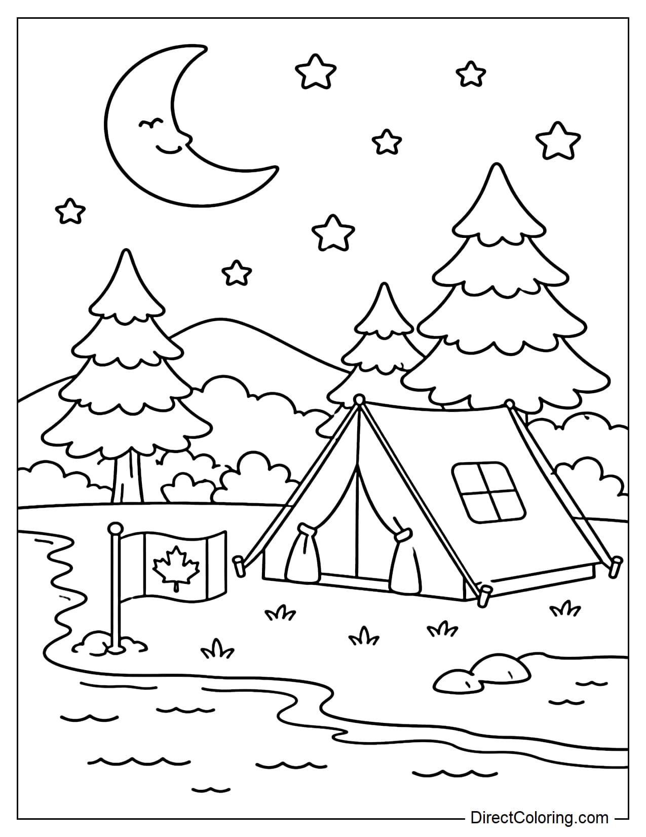 A small camping tent by the lake with a Canadian flag planted in front and pine trees around it. Above is a soft, curved moon and a few stars.