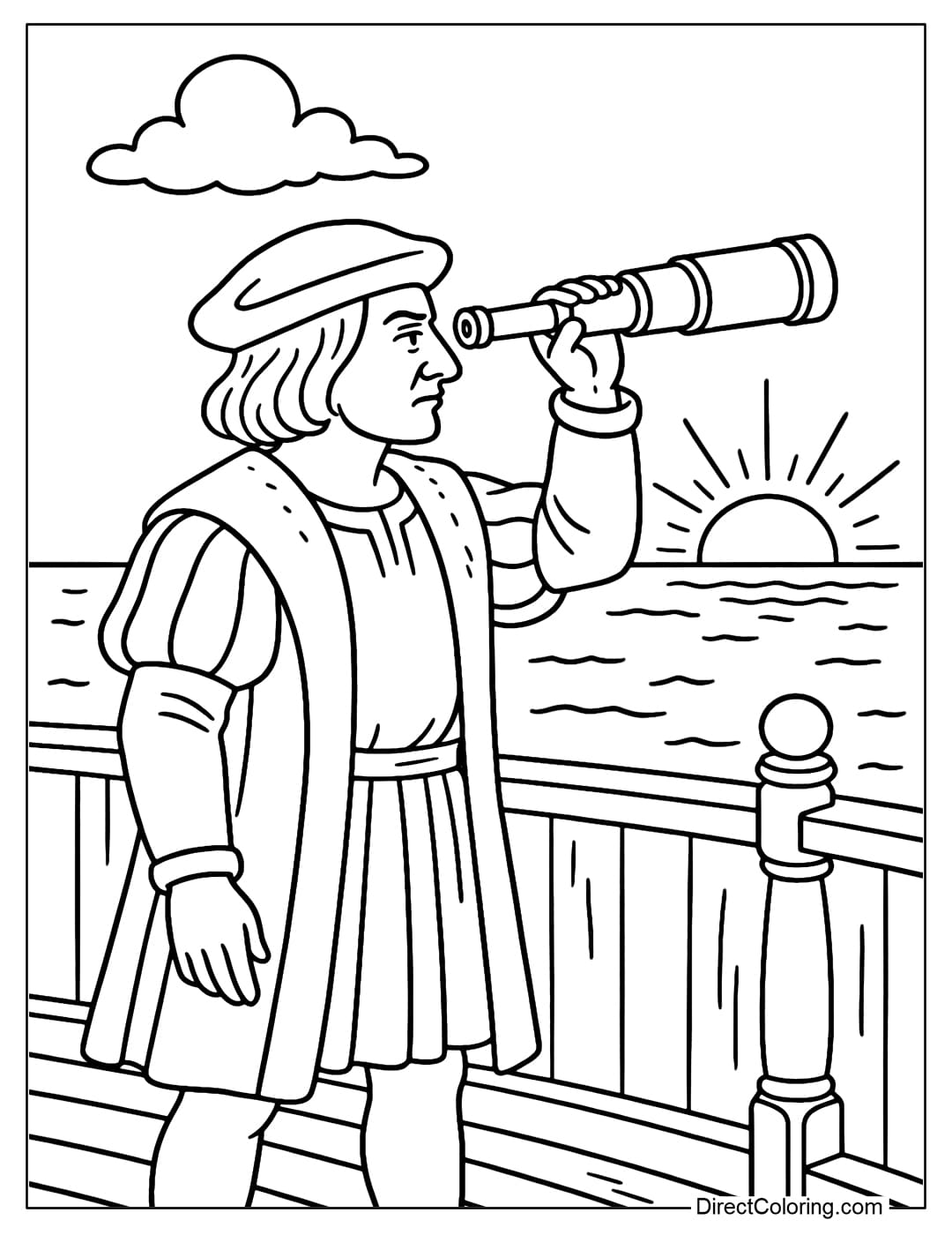 Coloring page of Columbus holding a telescope looking at the horizon, the sun rising in the distance.