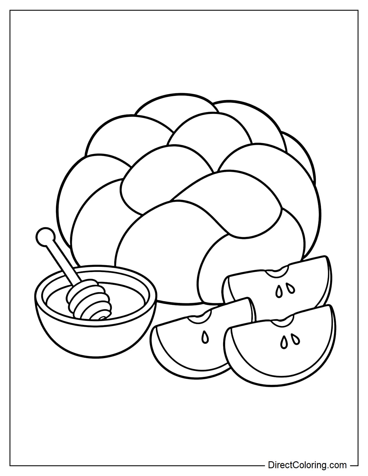 A large, round challah loaf sits beside a small bowl of honey and several large apple slices.