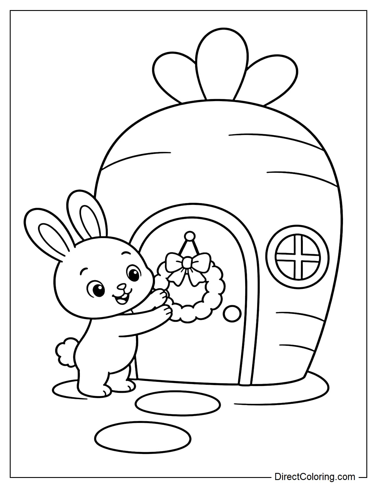 A rabbit stands in front of a small house with a carrot-shaped roof, hanging a simple wreath on its round front door.