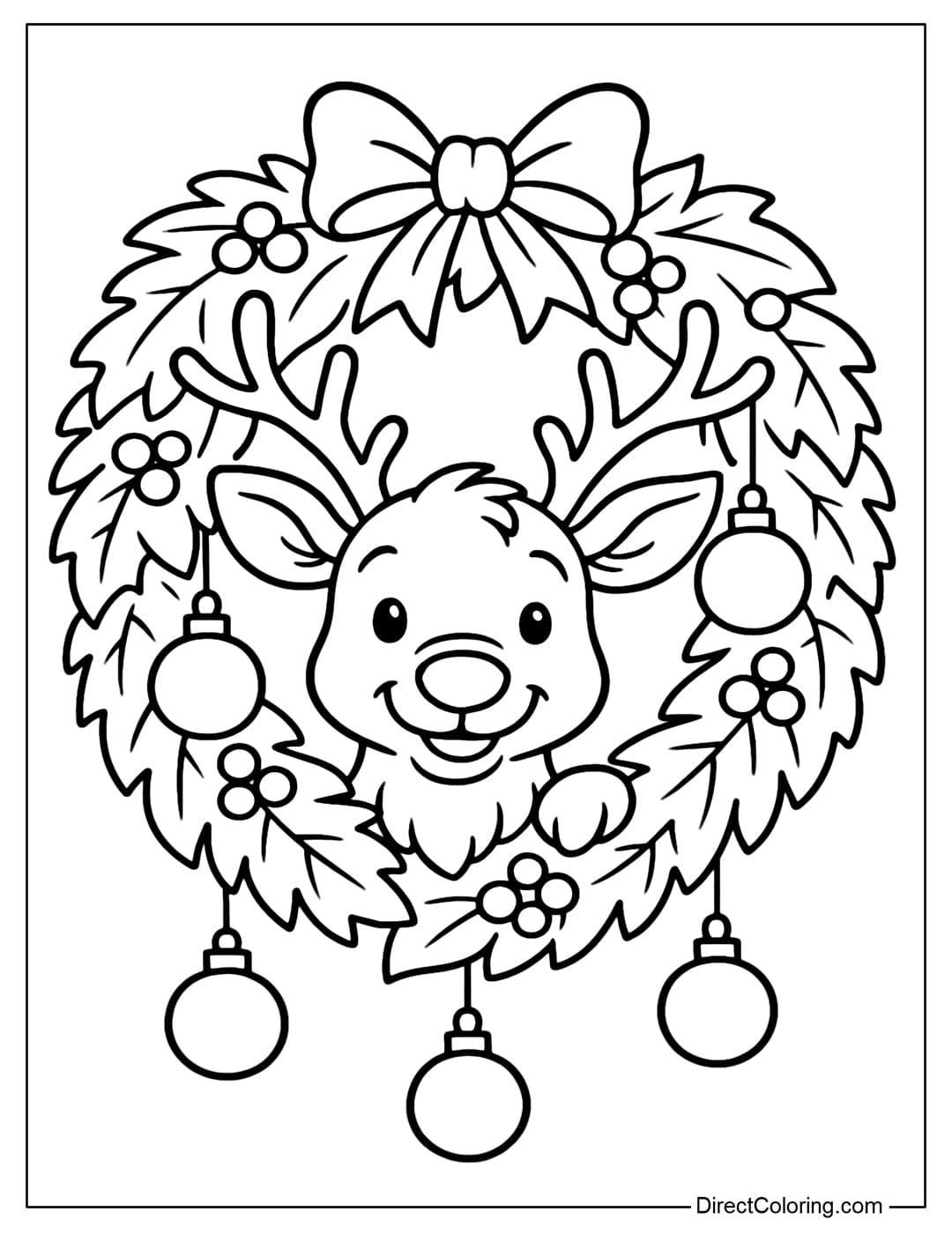 A wreath coloring page with a cute Rudolph peeking through the wreath.