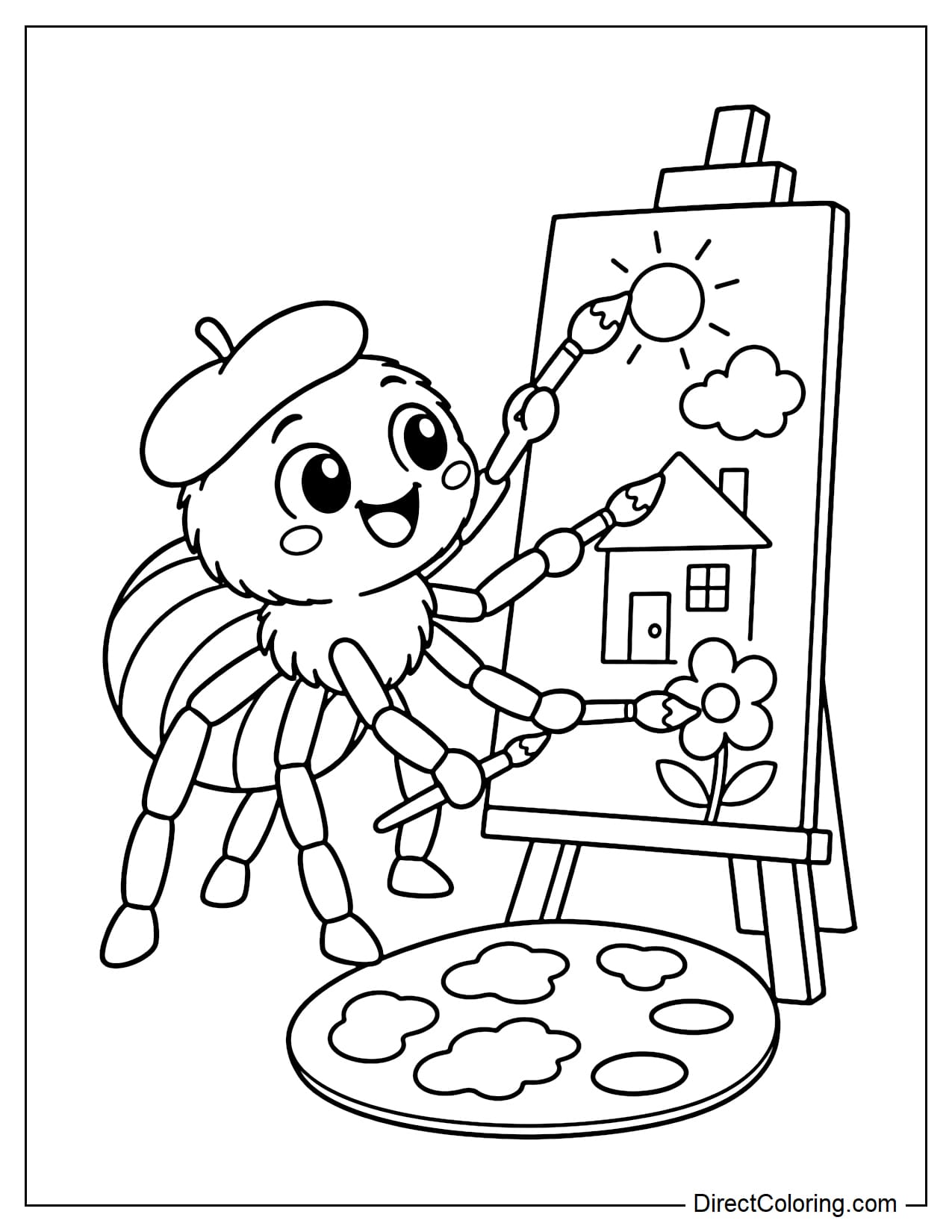 An artistic spider uses several of its legs to hold large paintbrushes while painting on a canvas in front of it.