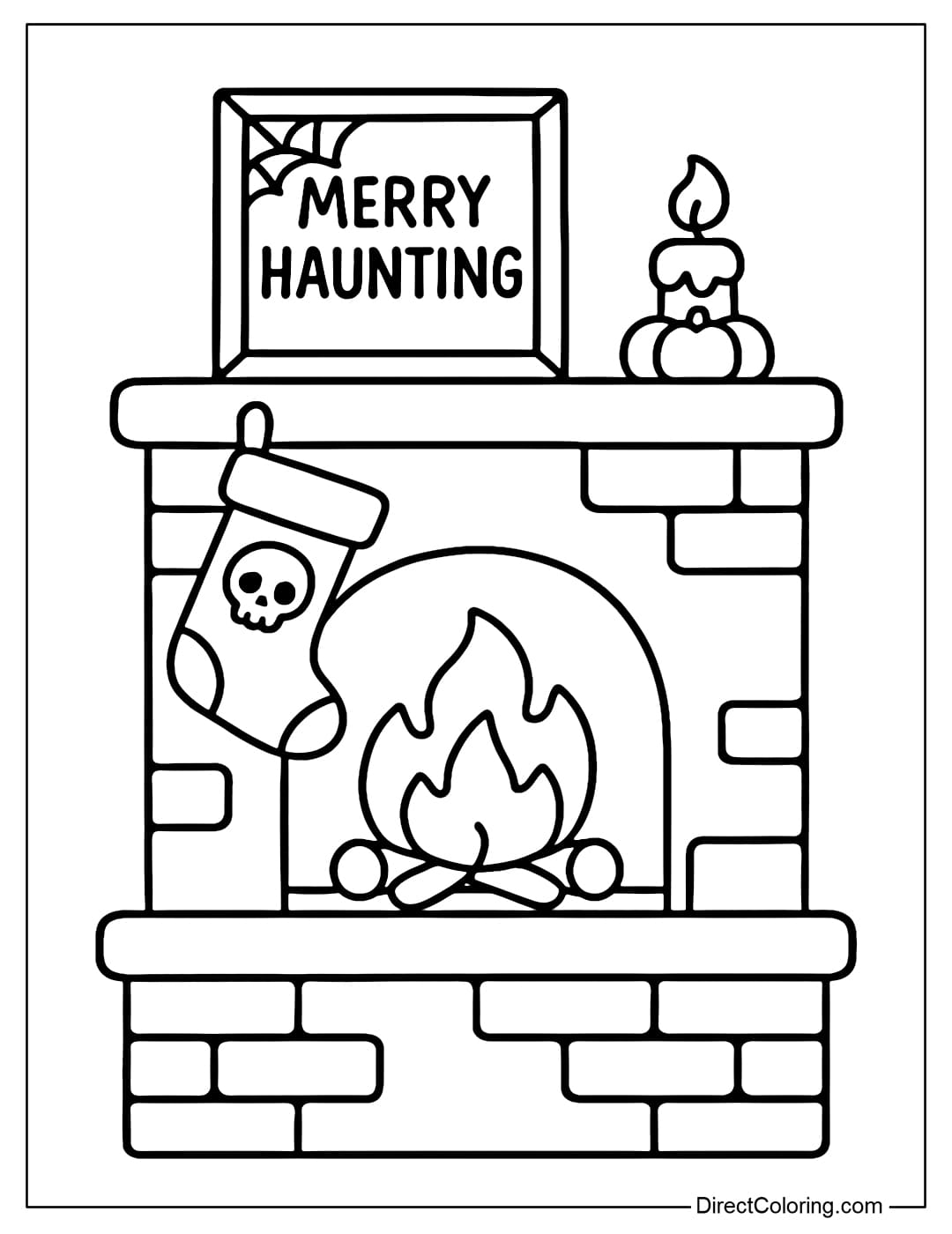 A cozy fireplace coloring page with embroidered Christmas stockings with skulls, small pumpkin candles, spider webs on picture frames and the words Merry Haunting.