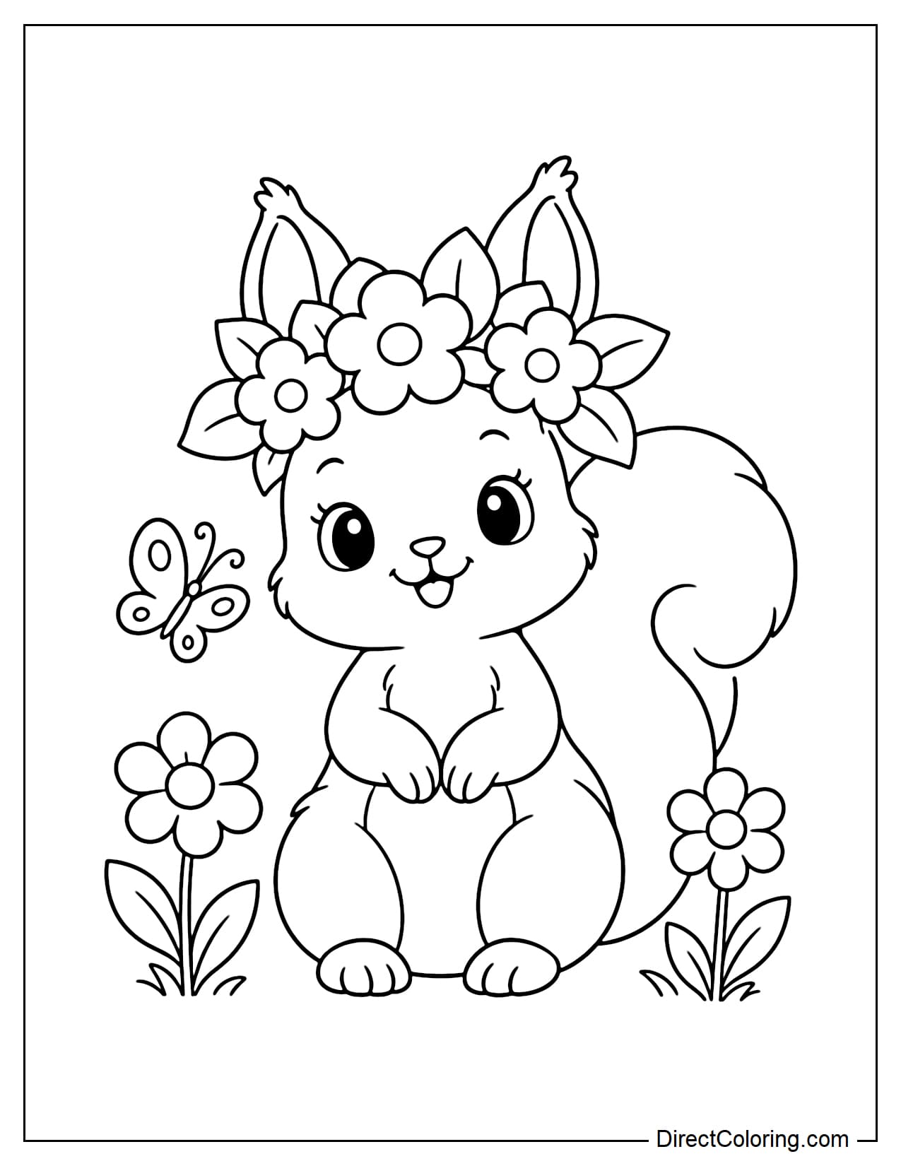 A cute squirrel sitting nicely with a large flower crown on its head and its little paws resting in front of its belly, with two flowers and a small butterfly beside it.