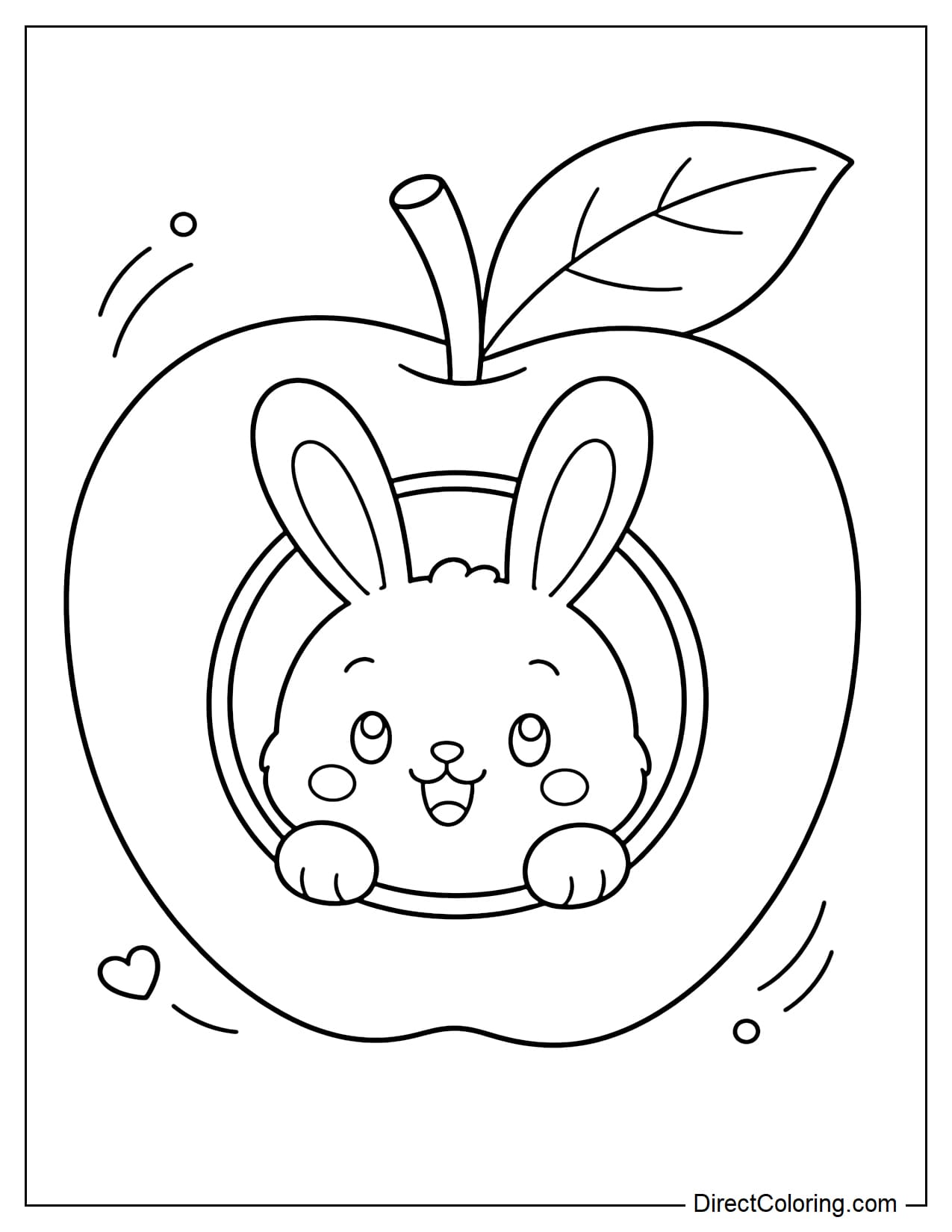 A rabbit peeks halfway out of a large apple with a round opening like a tiny house, resting both paws on the edge of the apple doorway.