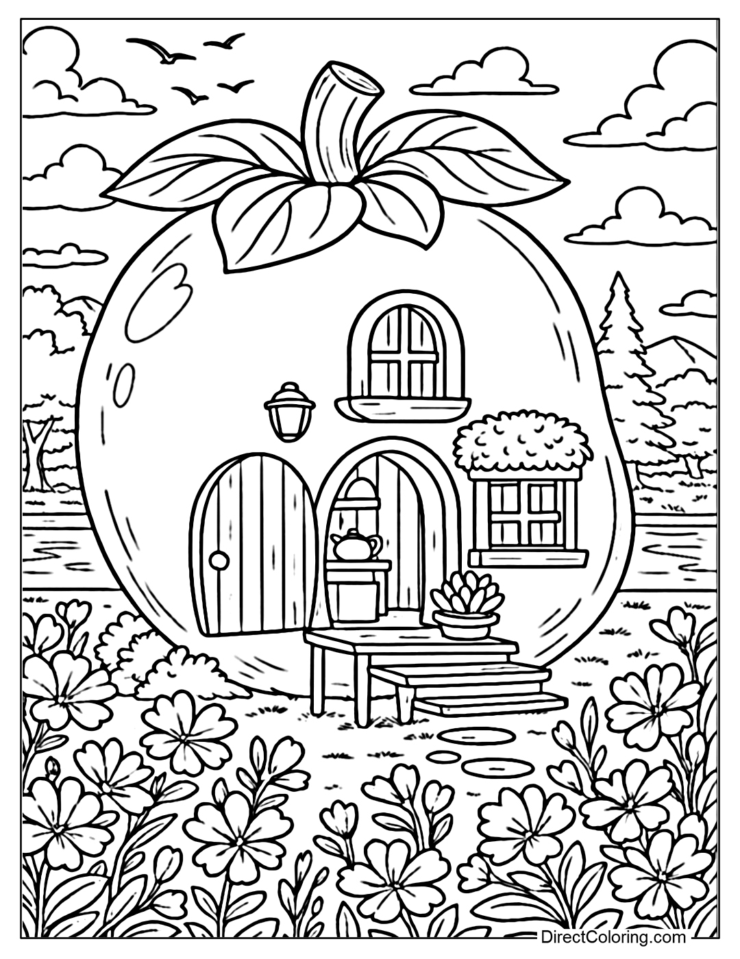 A soft round persimmon house coloring page with a green thatched roof, a slightly opened curved wooden door, a small arched window frame and a lovely potted plant in front of the porch.