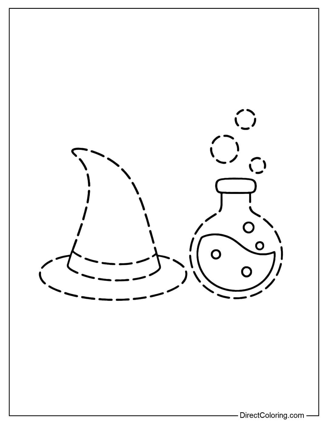 A witch hat and potion tracing coloring page, bubbles floating.