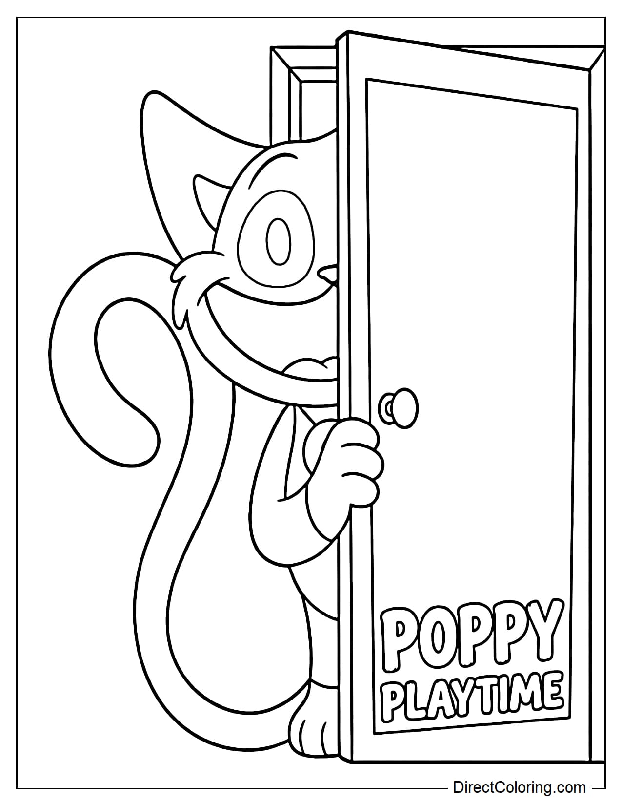 CatNap pokes its head and part of its body out from behind a simple door, one eye wide open, giving it a sly look.
