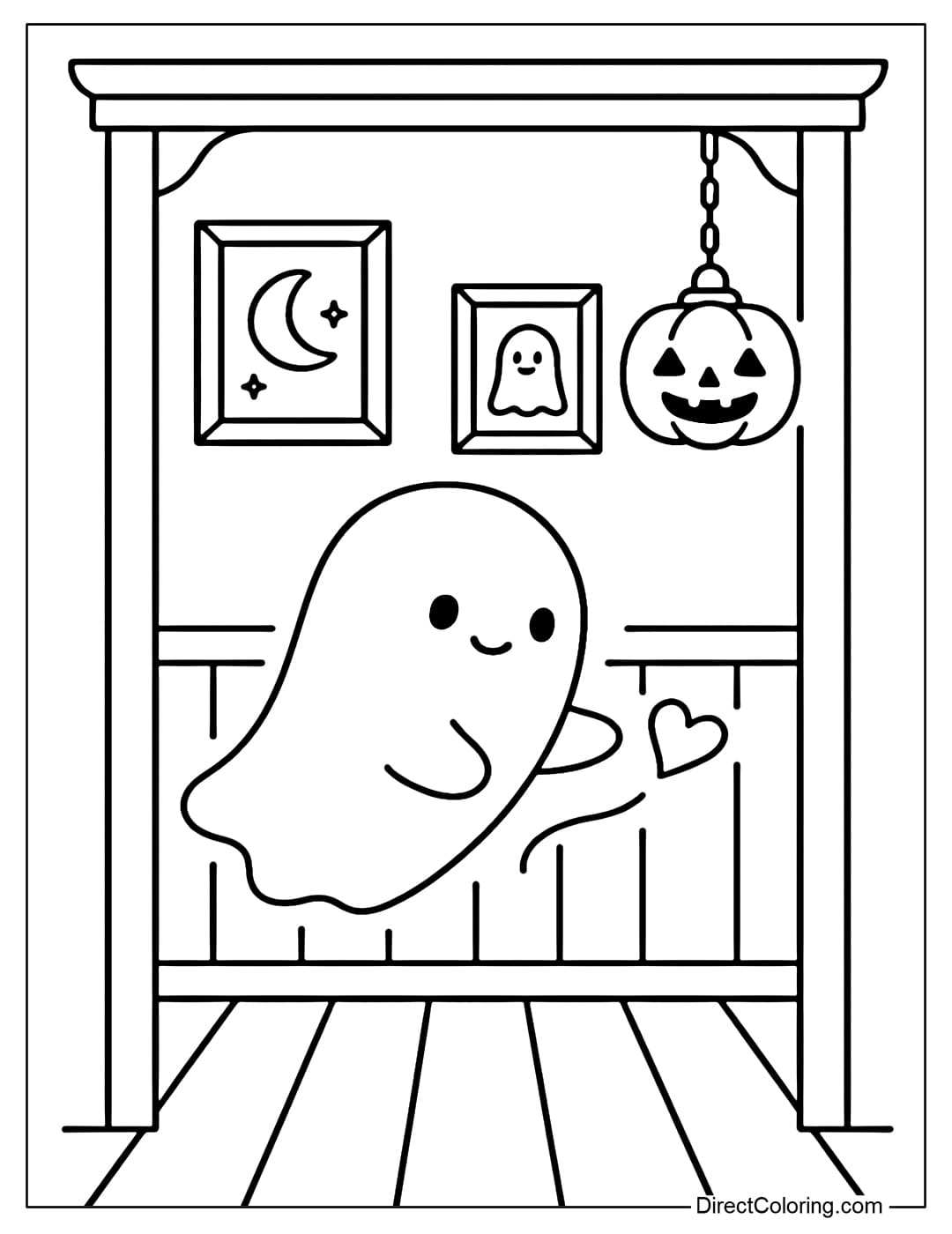 Ancient hallway coloring page with hanging pictures and pumpkin lanterns, little ghosts are flying lightly, leaving a heart-shaped light trail.