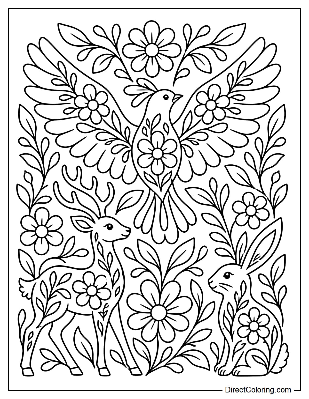 A Mexican folk art design inspired by traditional Tenango embroidery features a large bird with outstretched wings in the center, flanked by a deer and a rabbit. Flowers, leaves, and curved decorative patterns fill the surrounding space.