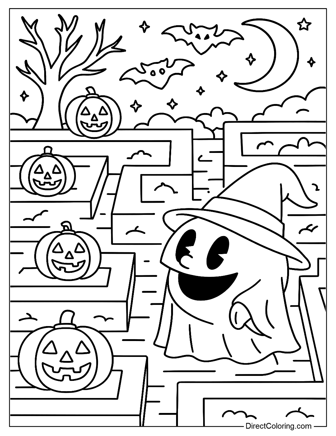 Dark Halloween maze coloring page with glowing pumpkin lanterns, Pac-Man ghost wearing a witch's robe, dry trees, flying bats and a bright crescent moon in the background.