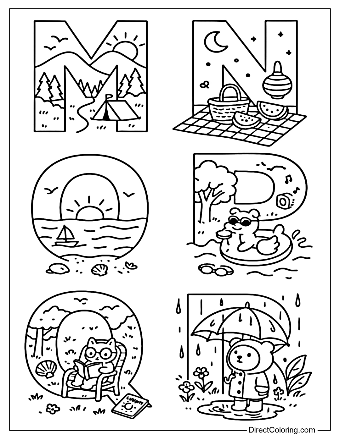 Alphabet Coloring Page from M to R with Letter M with a summer mountain scene. Letter N with a summer night picnic. Letter O with a view of the ocean. Letter Q with a summer reading scene. Letter R with a light summer afternoon rain.