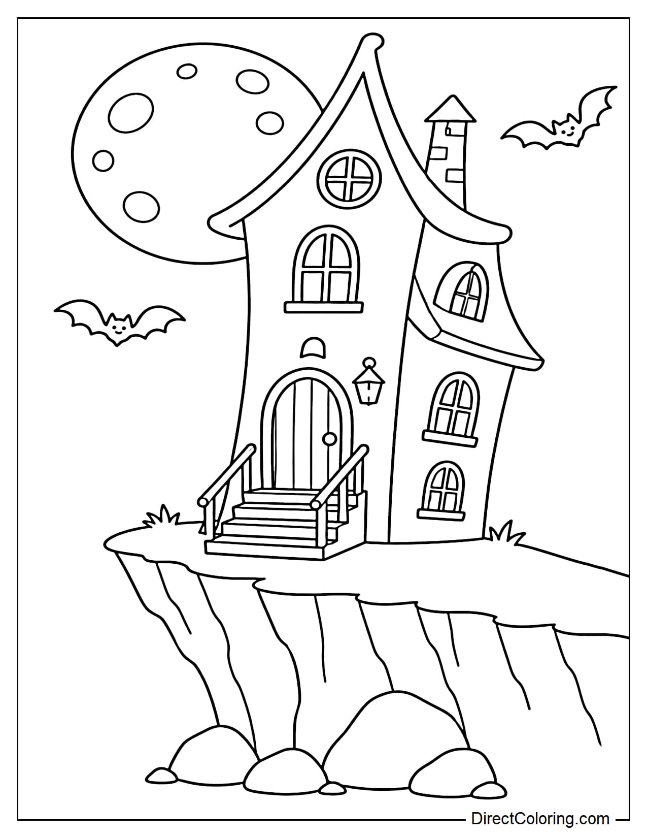 A tall, slightly crooked haunted house stands at the edge of a cliff, with gently curved pointed roofs, a short wooden staircase leading to the front door, and a few large rocks below. A full moon and two small bats appear in the background.