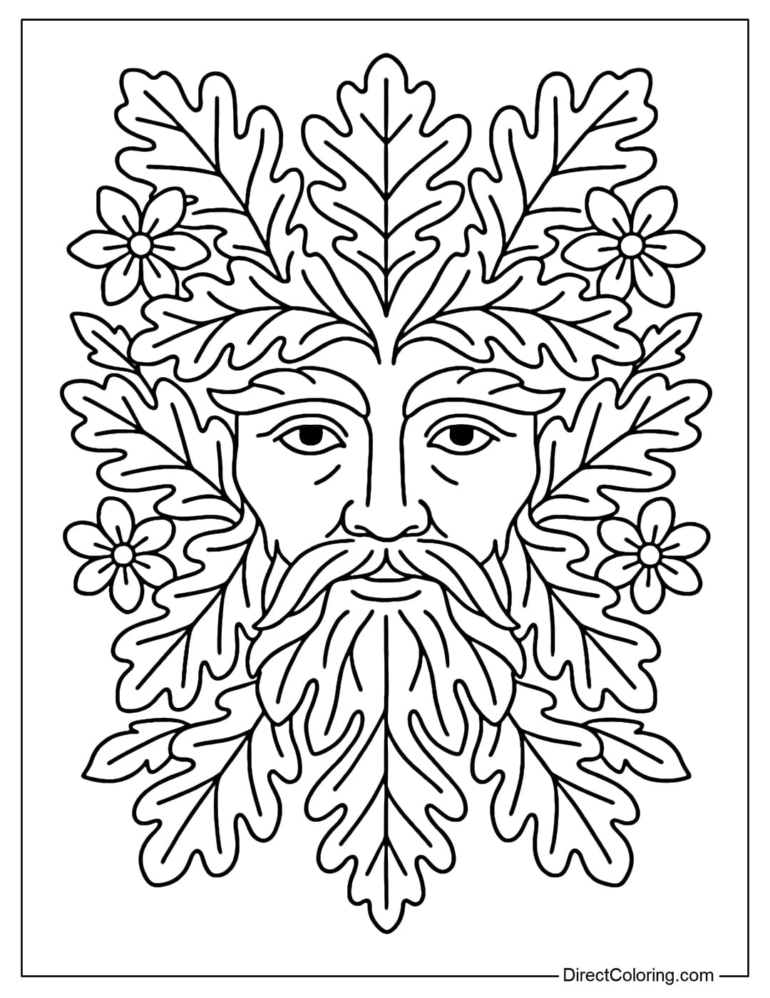 Green Man Forest God Coloring Page with his face blending into the leaves and flowers.