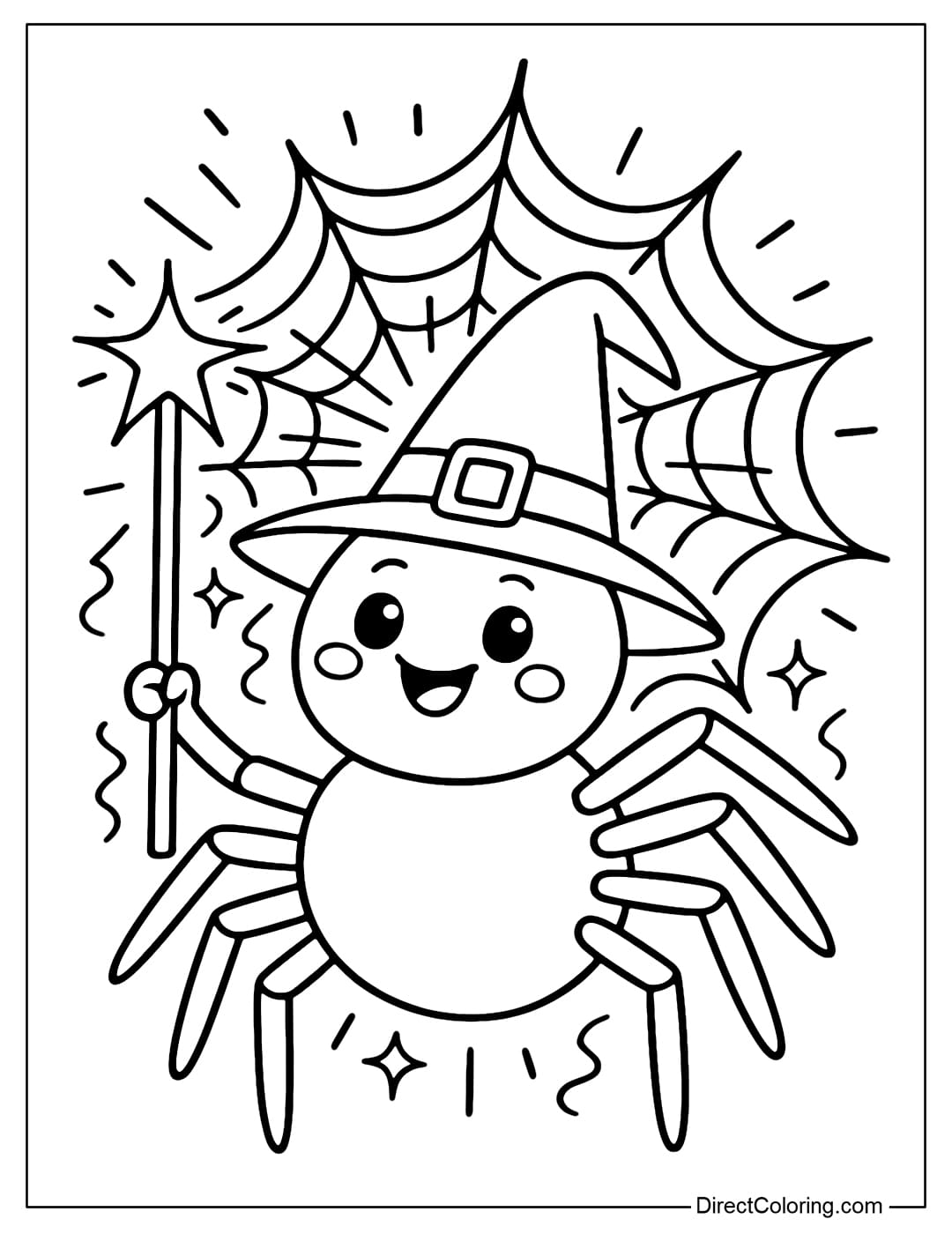 A coloring page of a witch spider with a pointed hat and a magic wand, the spider web glows like magic.