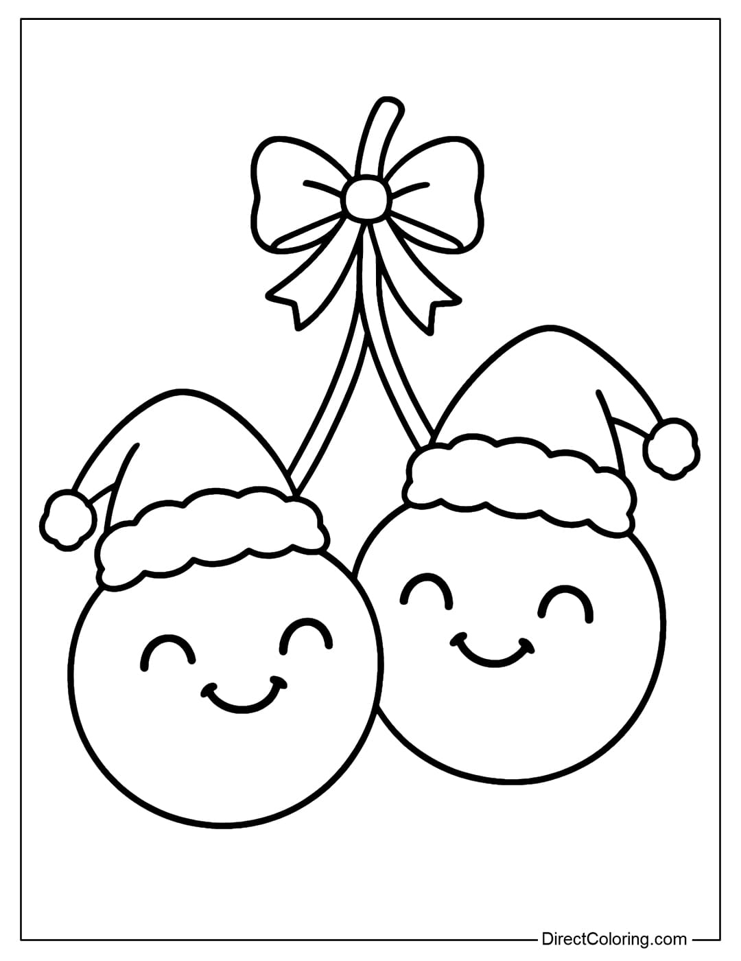 A cute cherry coloring page with two smiling cherries wearing Santa hats, tied together with a ribbon.