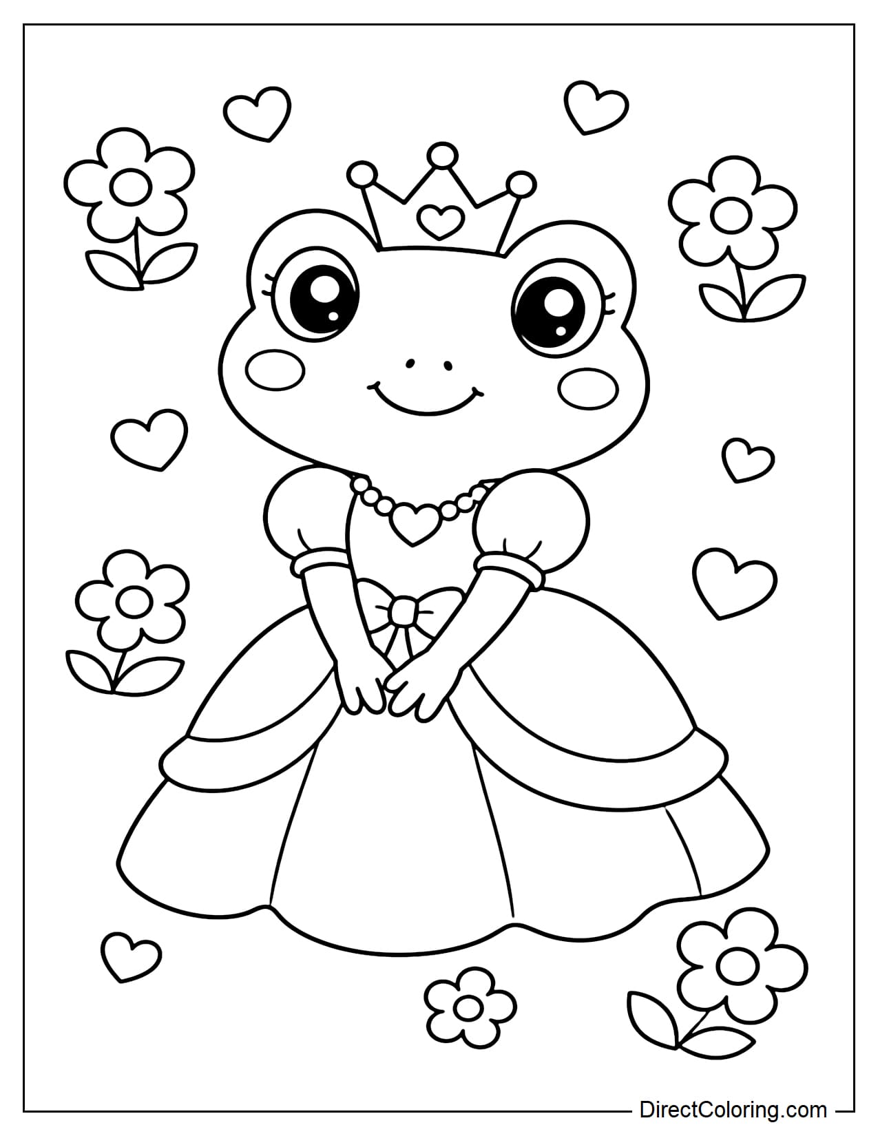 An adorable frog princess is wearing a cute little crown and a princess dress with large pleats, surrounded by some small flowers and hearts.