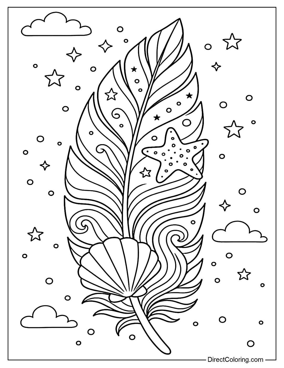Feather Coloring Page with Seashells, Starfish, Soft Waves Along the Body.