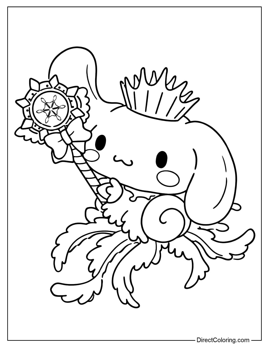 Cinnamoroll is dressed in a gorgeous princess outfit with a crown, a flared dress, and a magical star-shaped wand.