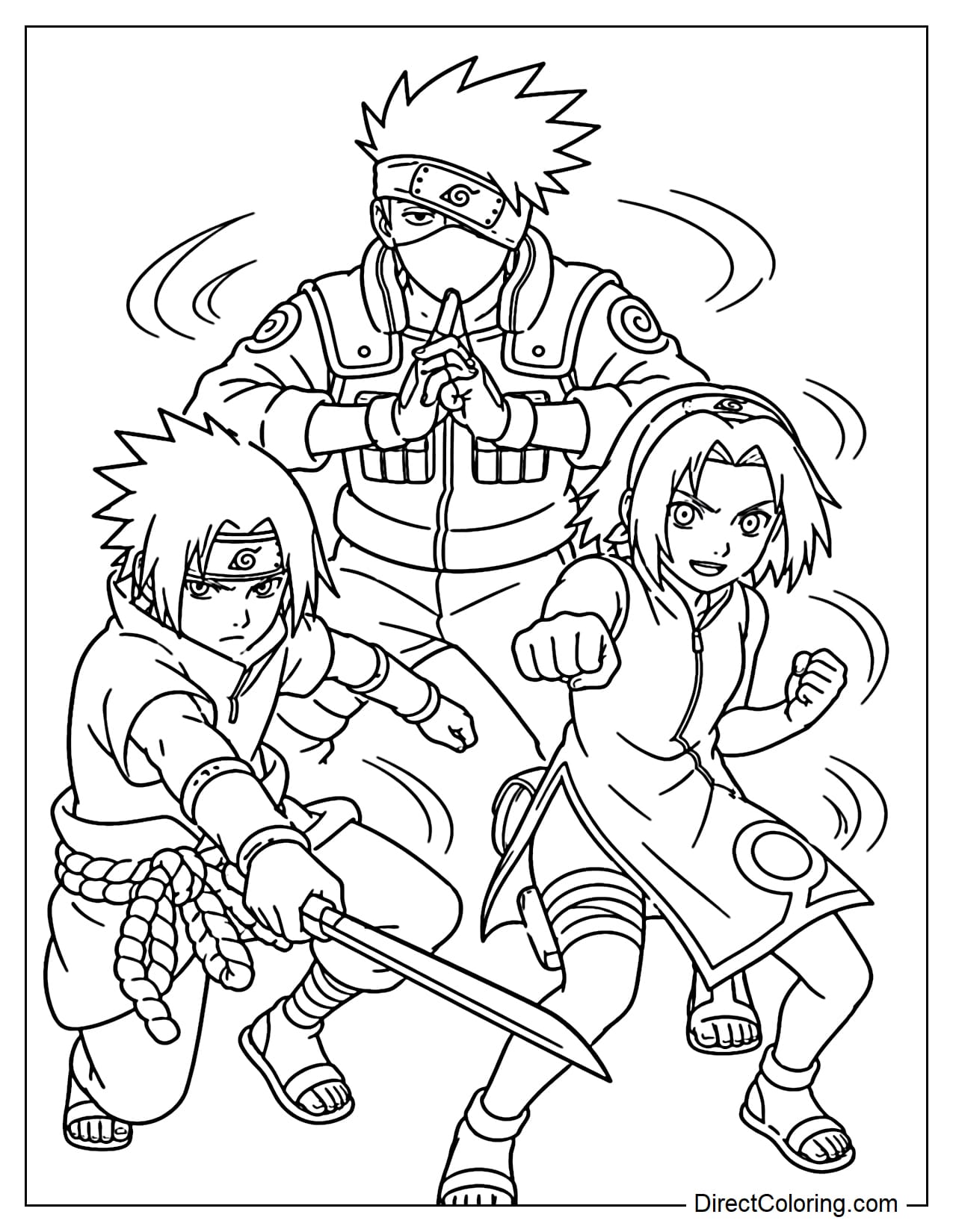 Sasuke, Sakura, and Kakashi train together, each striking a different pose.