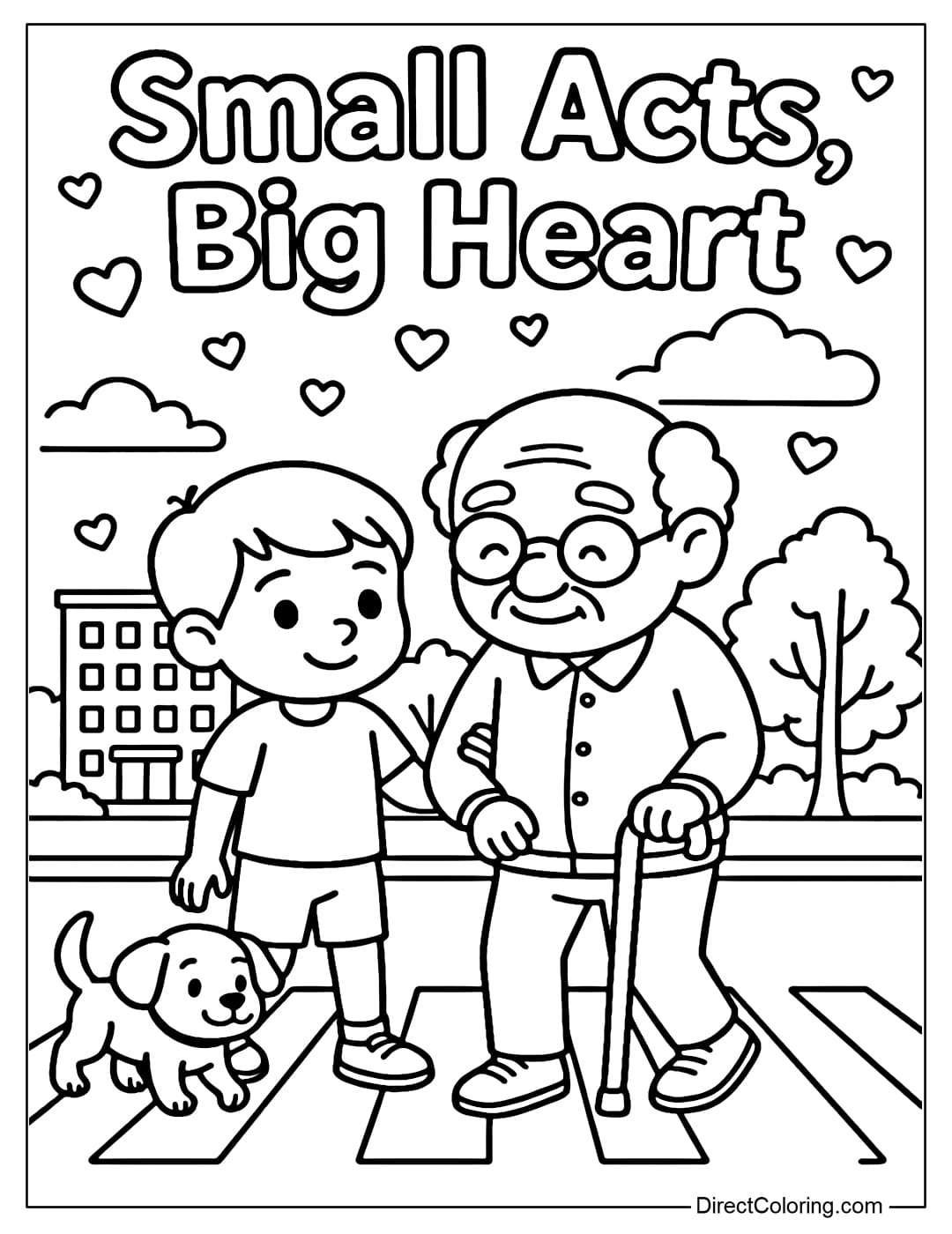 A coloring page of a boy helping an old person cross the street.